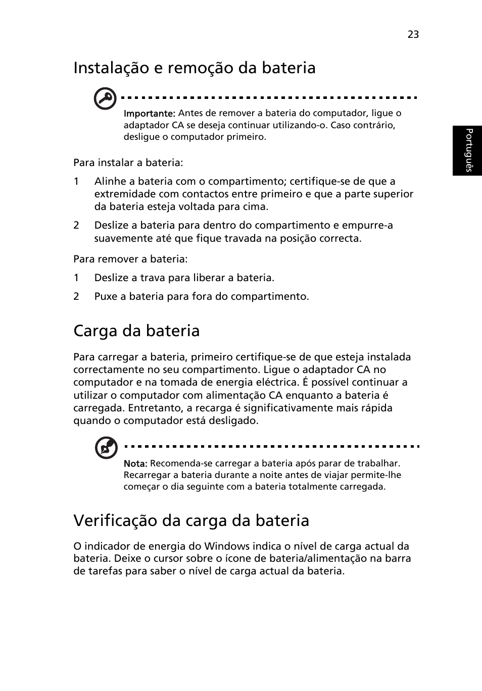 Instalação e remoção da bateria, Carga da bateria, Verificação da carga da bateria | Acer Aspire Series User Manual | Page 409 / 2206