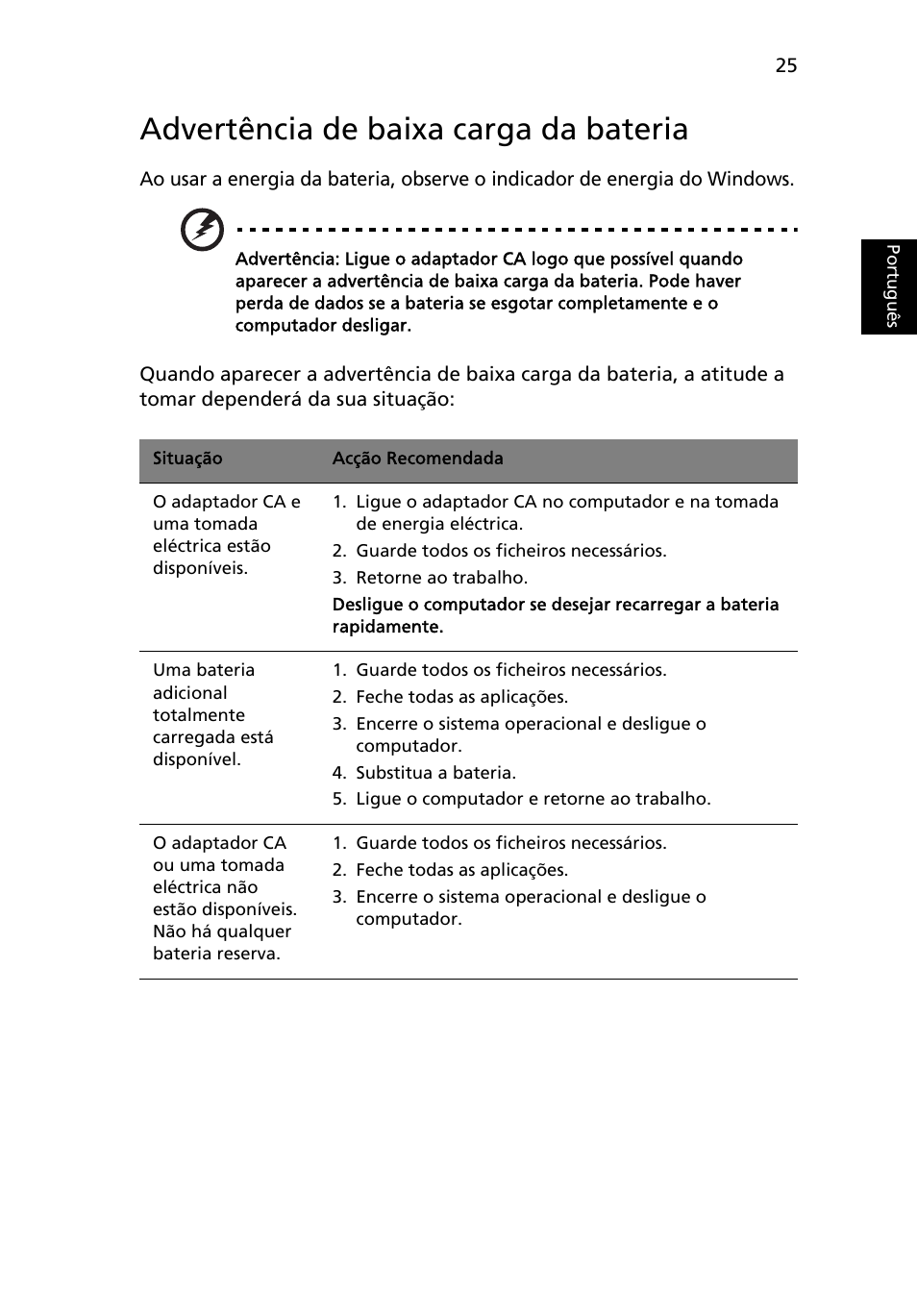 Advertência de baixa carga da bateria | Acer Aspire Series User Manual | Page 411 / 2206