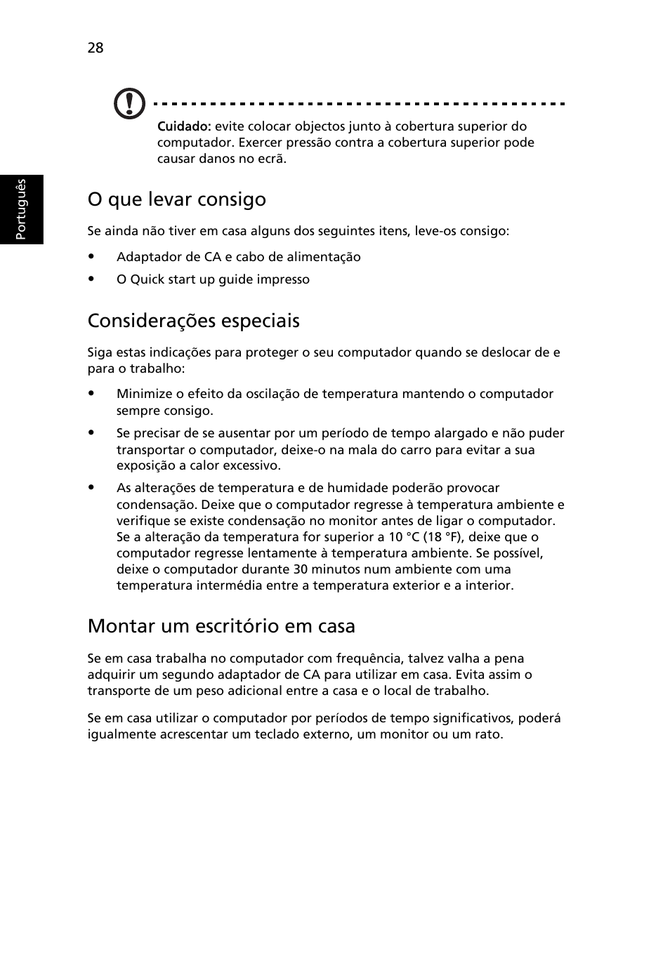 O que levar consigo, Considerações especiais, Montar um escritório em casa | Acer Aspire Series User Manual | Page 414 / 2206