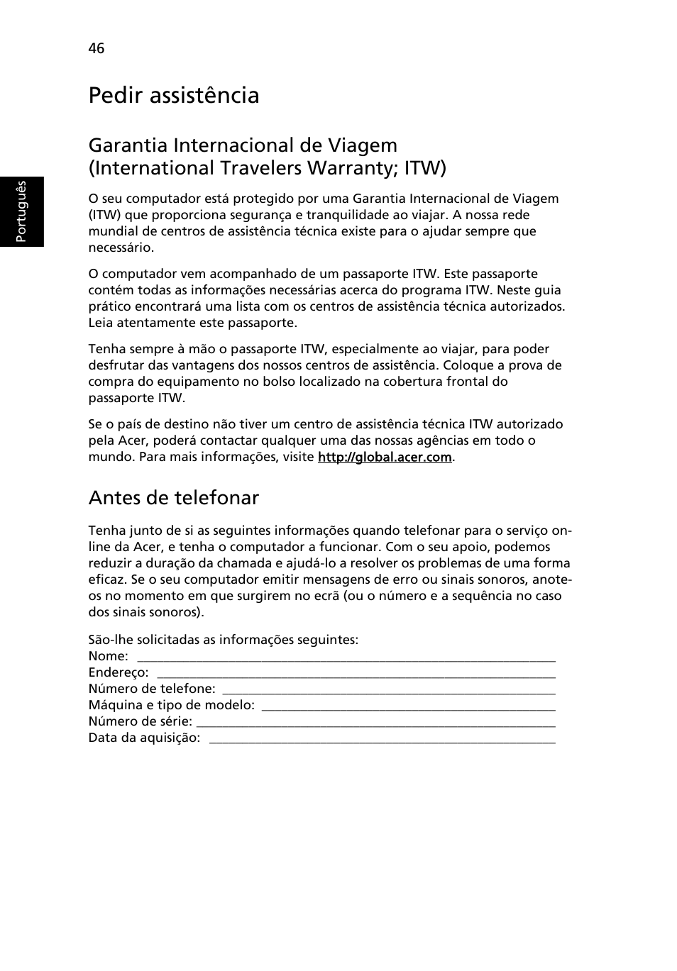 Pedir assistência, Antes de telefonar | Acer Aspire Series User Manual | Page 432 / 2206