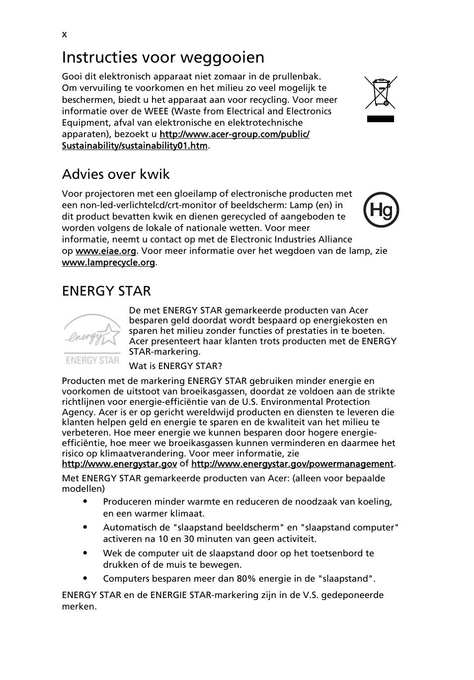 Instructies voor weggooien, Advies over kwik, Energy star | Acer Aspire Series User Manual | Page 448 / 2206