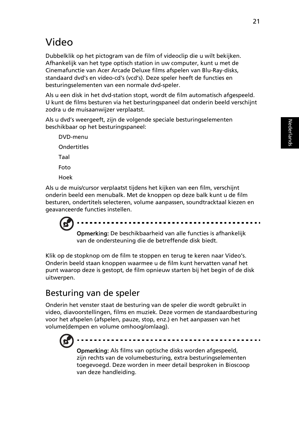 Video, Besturing van de speler | Acer Aspire Series User Manual | Page 479 / 2206