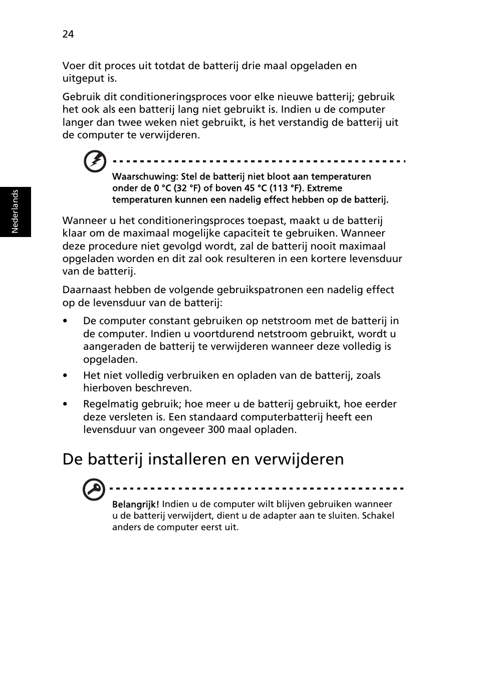 De batterij installeren en verwijderen | Acer Aspire Series User Manual | Page 482 / 2206