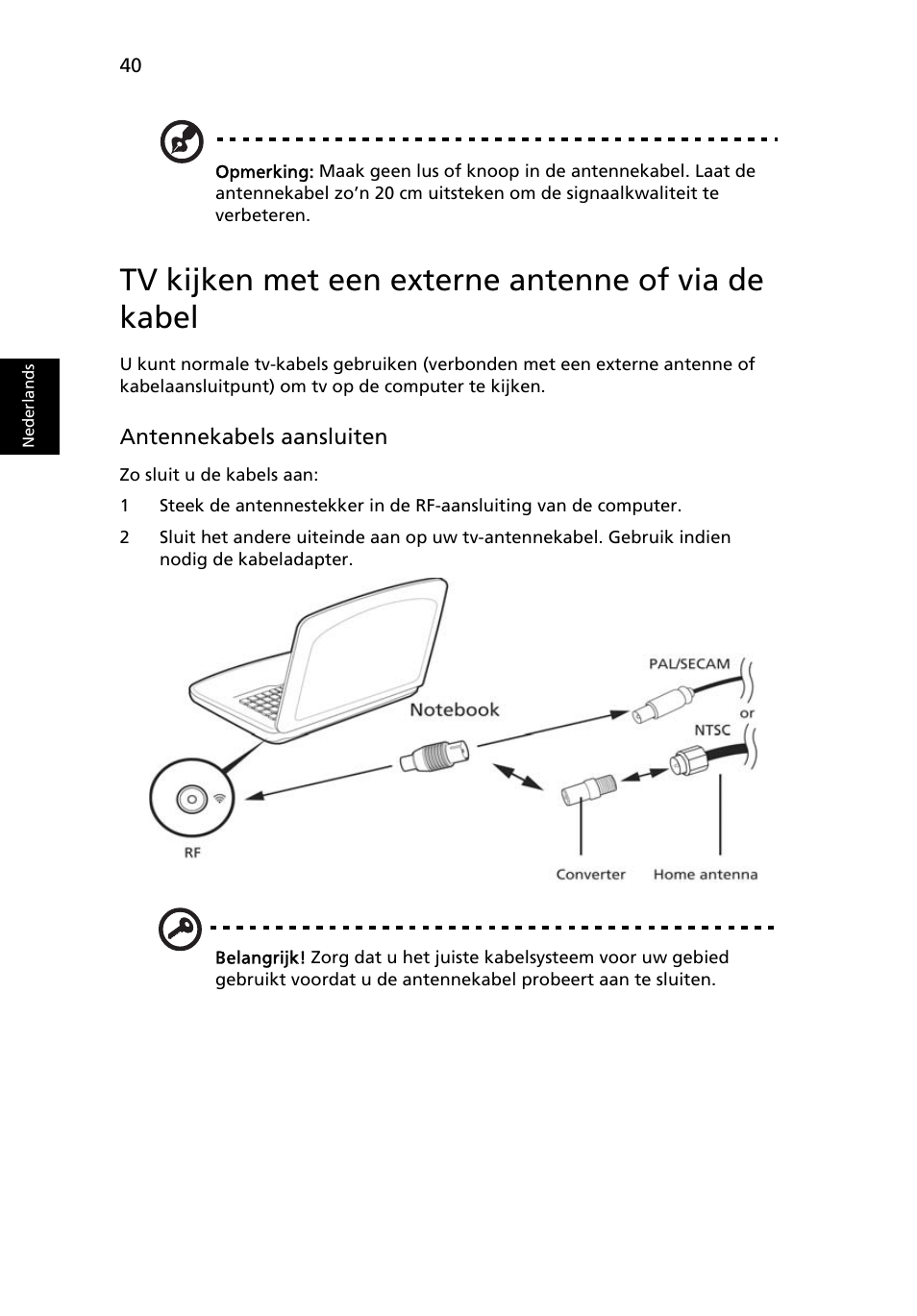 Tv kijken met een externe antenne of via de kabel | Acer Aspire Series User Manual | Page 498 / 2206
