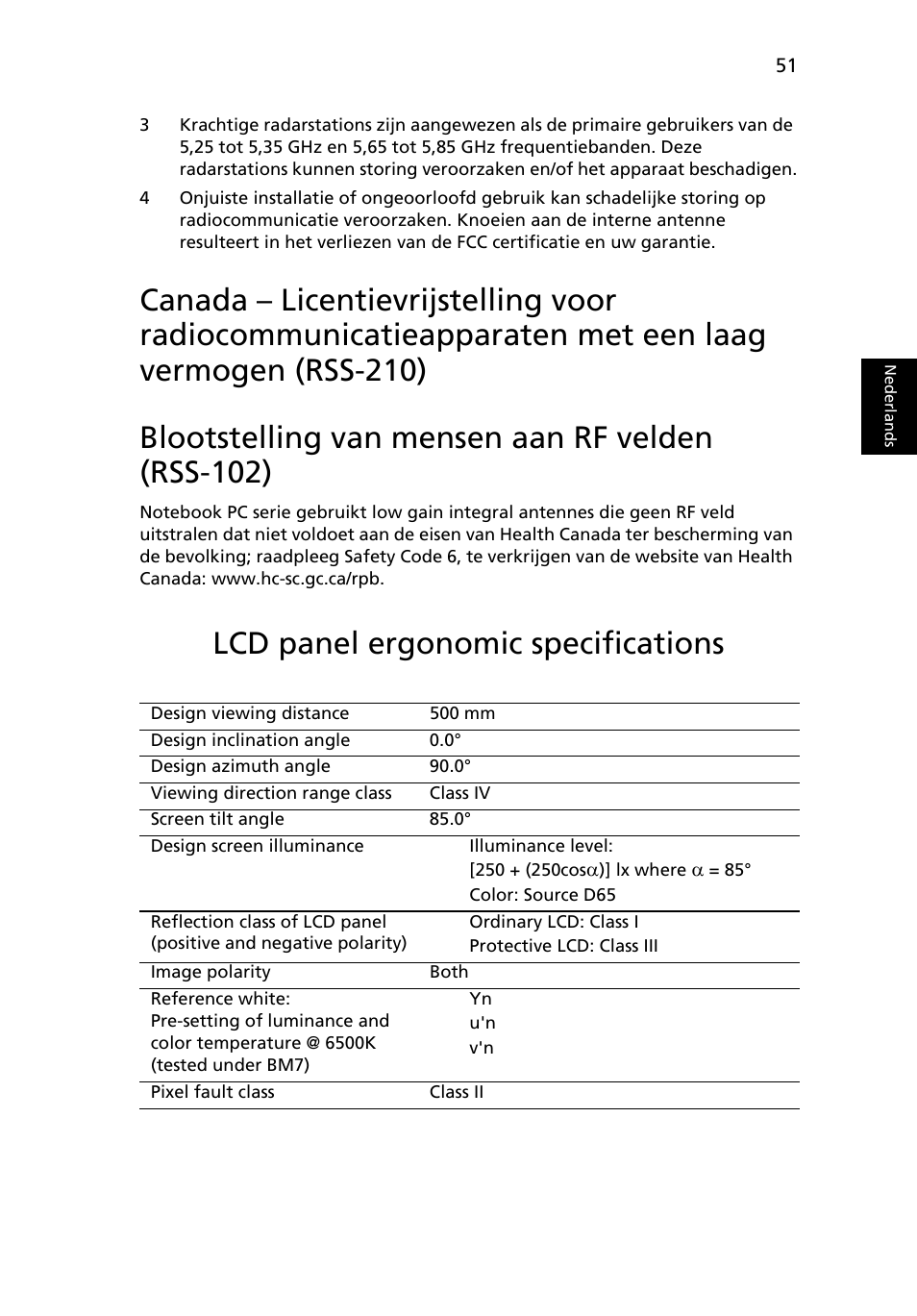 Blootstelling van mensen aan rf velden (rss-102), Lcd panel ergonomic specifications | Acer Aspire Series User Manual | Page 509 / 2206