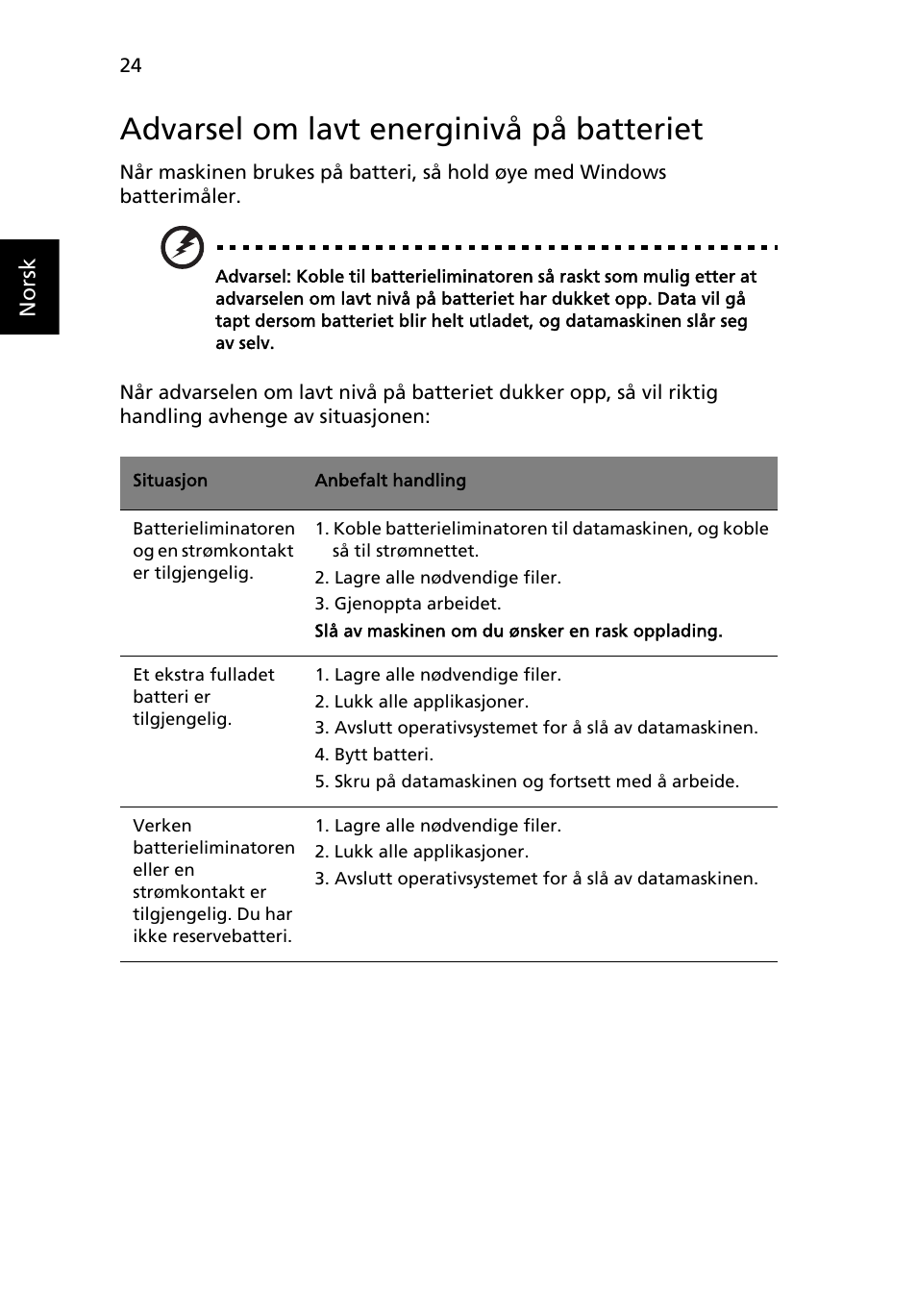 Advarsel om lavt energinivå på batteriet | Acer Aspire Series User Manual | Page 554 / 2206
