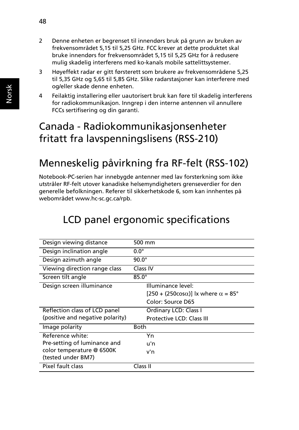 Menneskelig påvirkning fra rf-felt (rss-102), Lcd panel ergonomic specifications | Acer Aspire Series User Manual | Page 578 / 2206