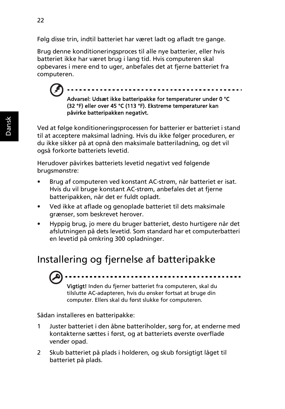Installering og fjernelse af batteripakke | Acer Aspire Series User Manual | Page 620 / 2206