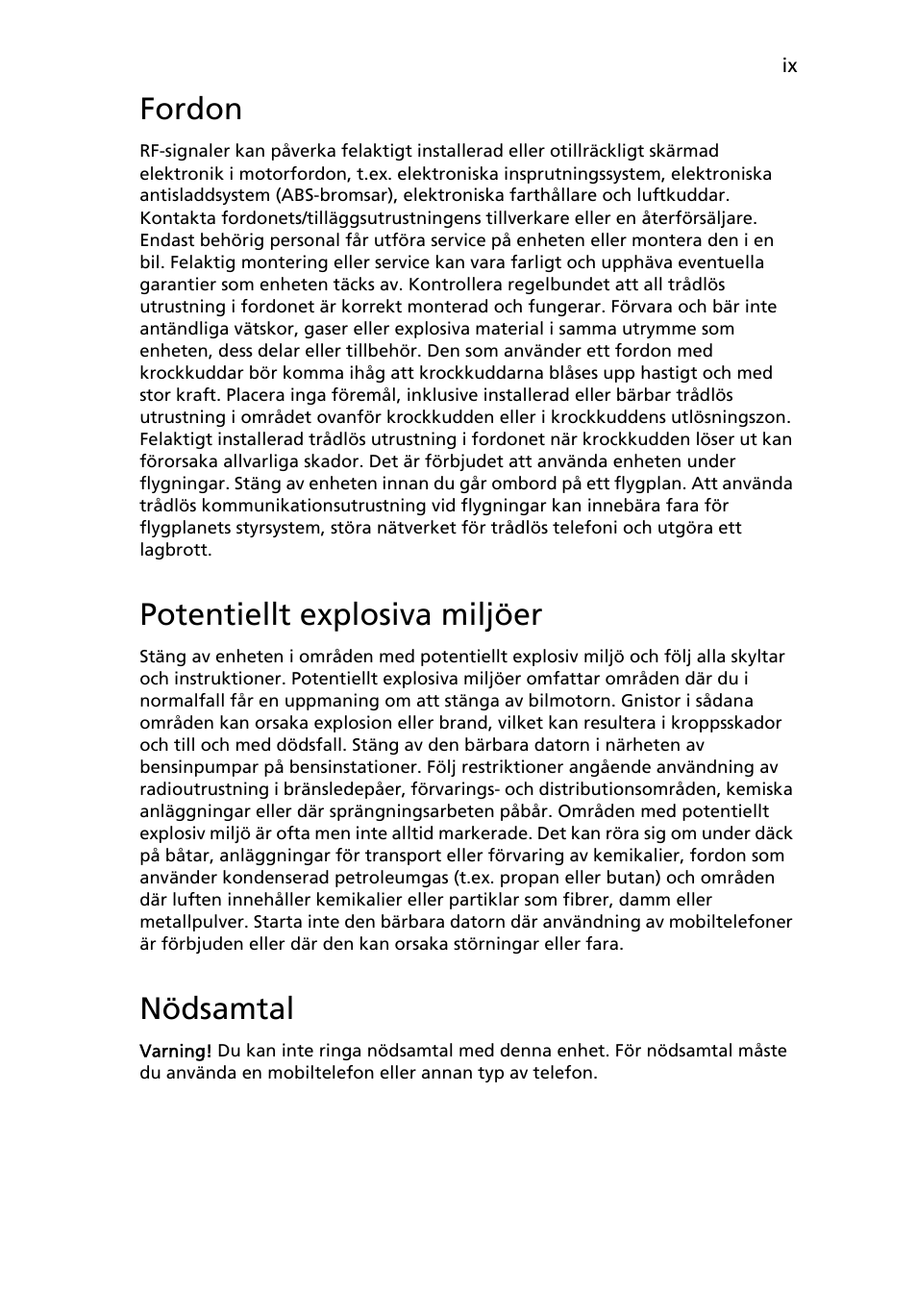 Fordon, Potentiellt explosiva miljöer, Nödsamtal | Acer Aspire Series User Manual | Page 657 / 2206