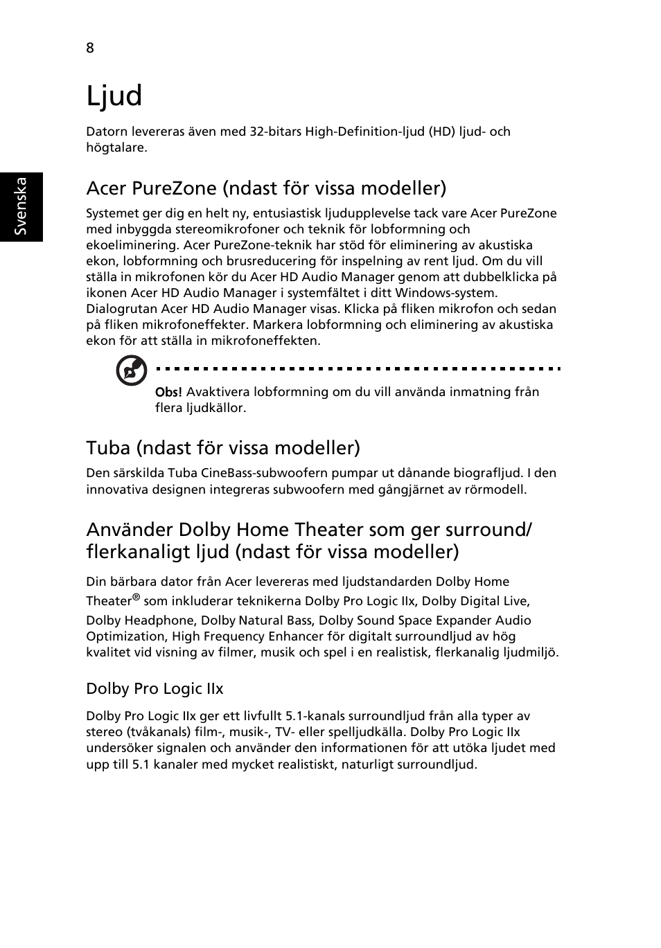 Ljud, Acer purezone (ndast för vissa modeller), Tuba (ndast för vissa modeller) | Acer Aspire Series User Manual | Page 676 / 2206