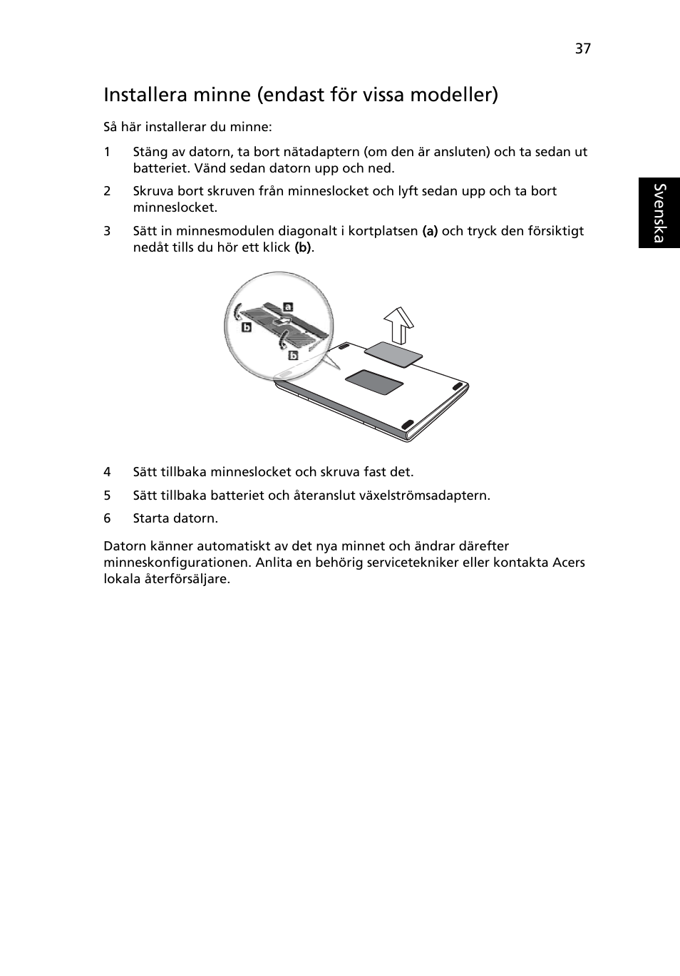 Installera minne (endast för vissa modeller) | Acer Aspire Series User Manual | Page 705 / 2206