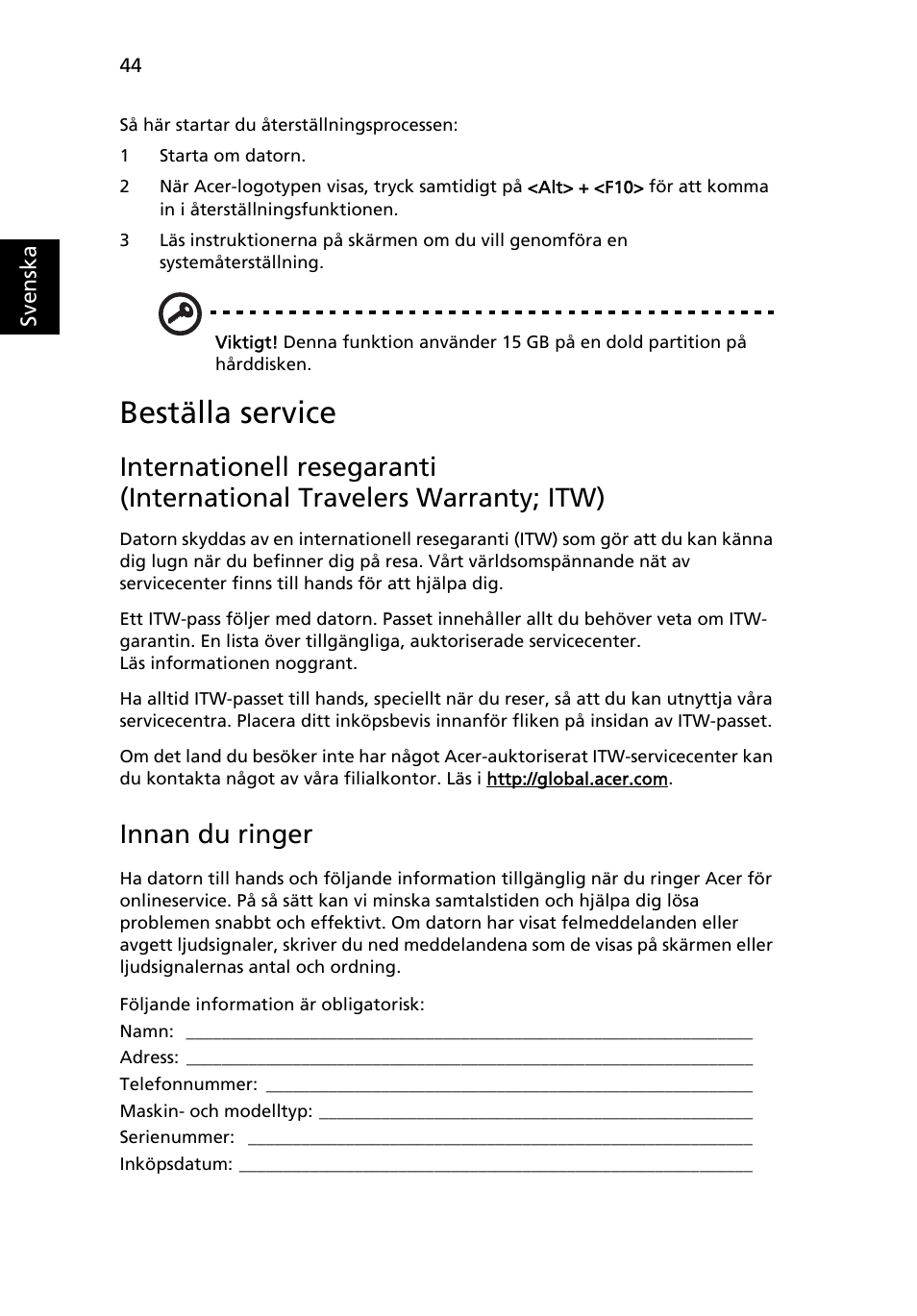 Beställa service, Innan du ringer | Acer Aspire Series User Manual | Page 712 / 2206