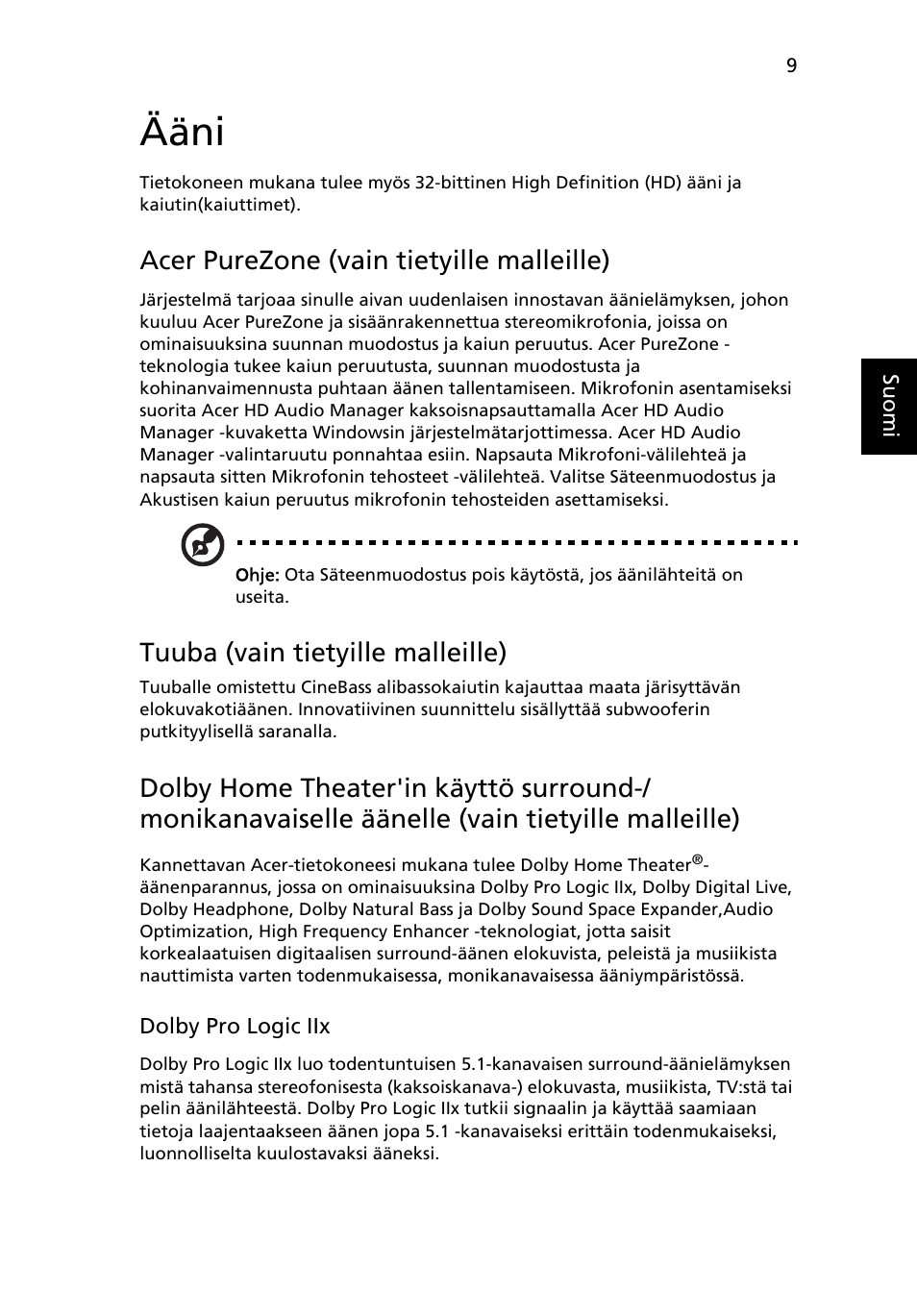 Ääni, Acer purezone (vain tietyille malleille), Tuuba (vain tietyille malleille) | Acer Aspire Series User Manual | Page 747 / 2206