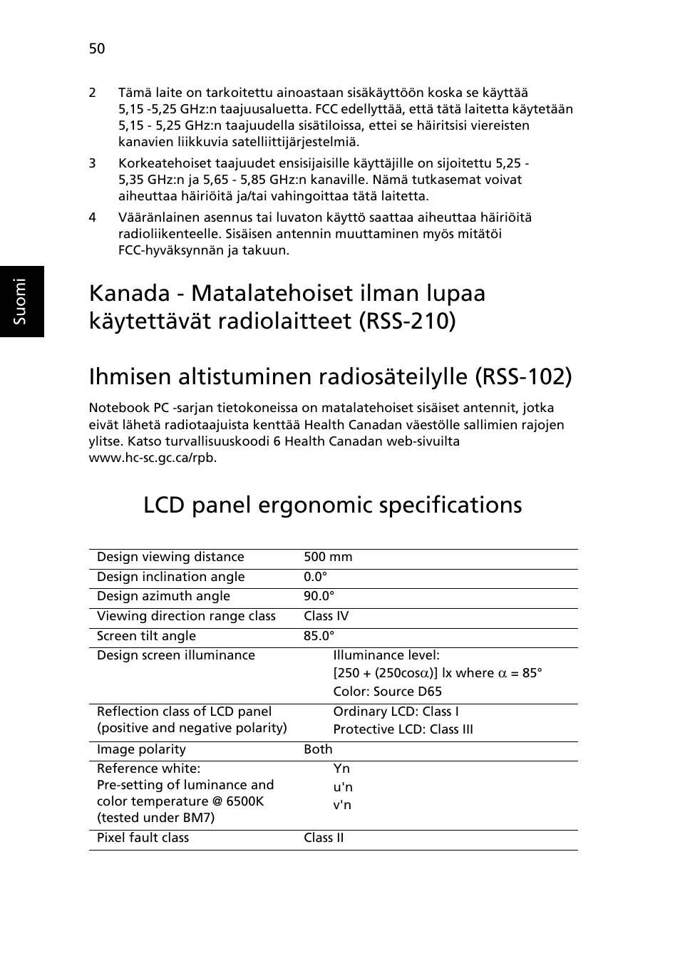 Ihmisen altistuminen radiosäteilylle (rss-102), Lcd panel ergonomic specifications | Acer Aspire Series User Manual | Page 788 / 2206