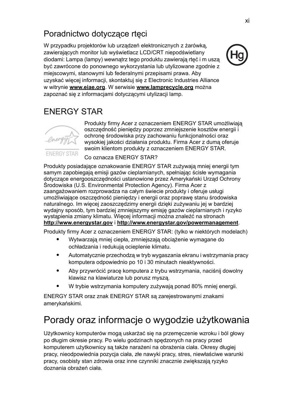Porady oraz informacje o wygodzie użytkowania, Poradnictwo dotyczące rtęci, Energy star | Acer Aspire Series User Manual | Page 873 / 2206