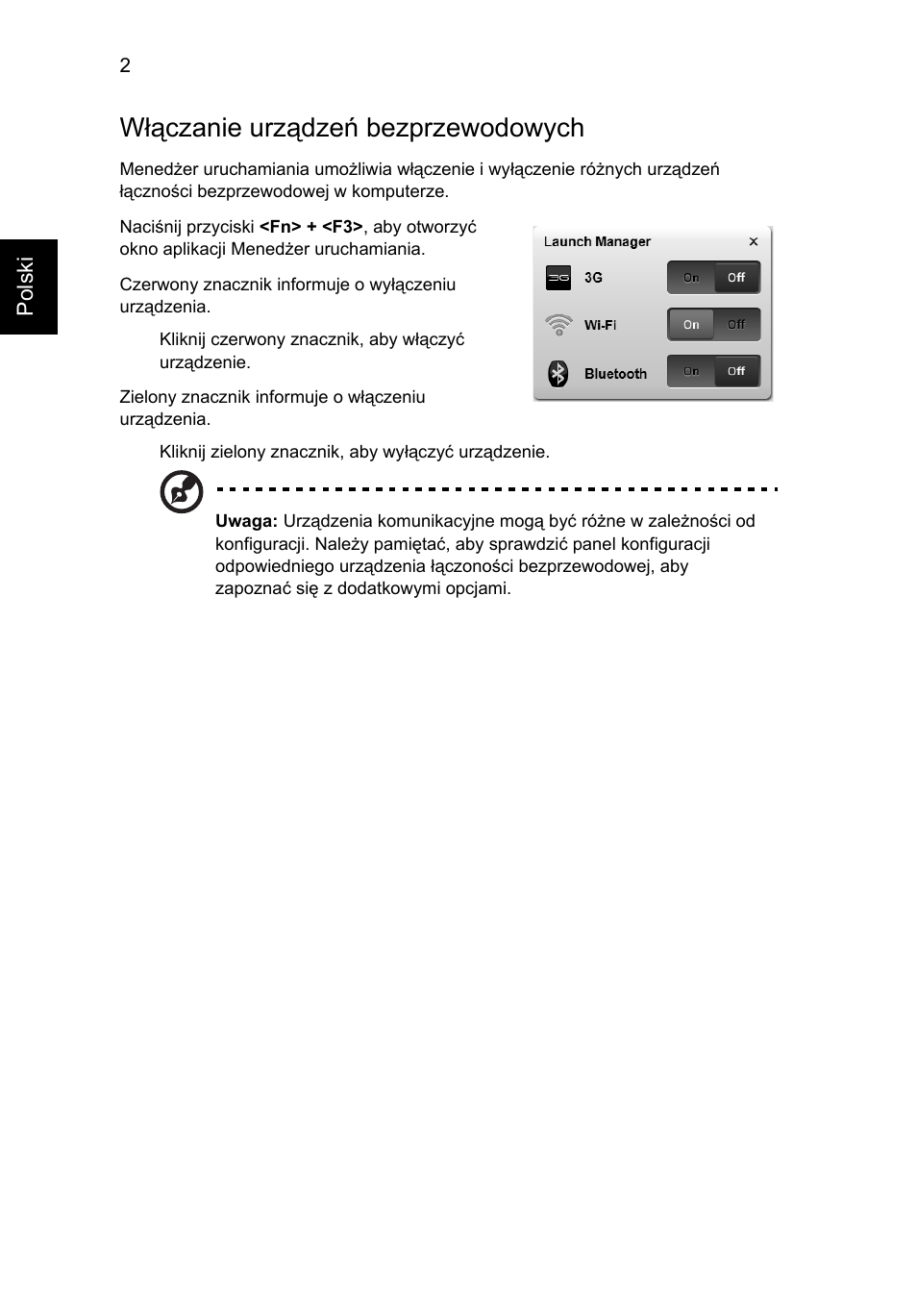 Włączanie urządzeń bezprzewodowych | Acer Aspire Series User Manual | Page 884 / 2206