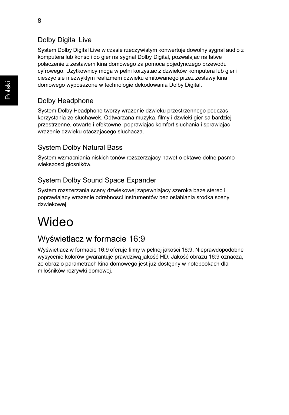 Wideo, Wyświetlacz w formacie 16:9 | Acer Aspire Series User Manual | Page 890 / 2206