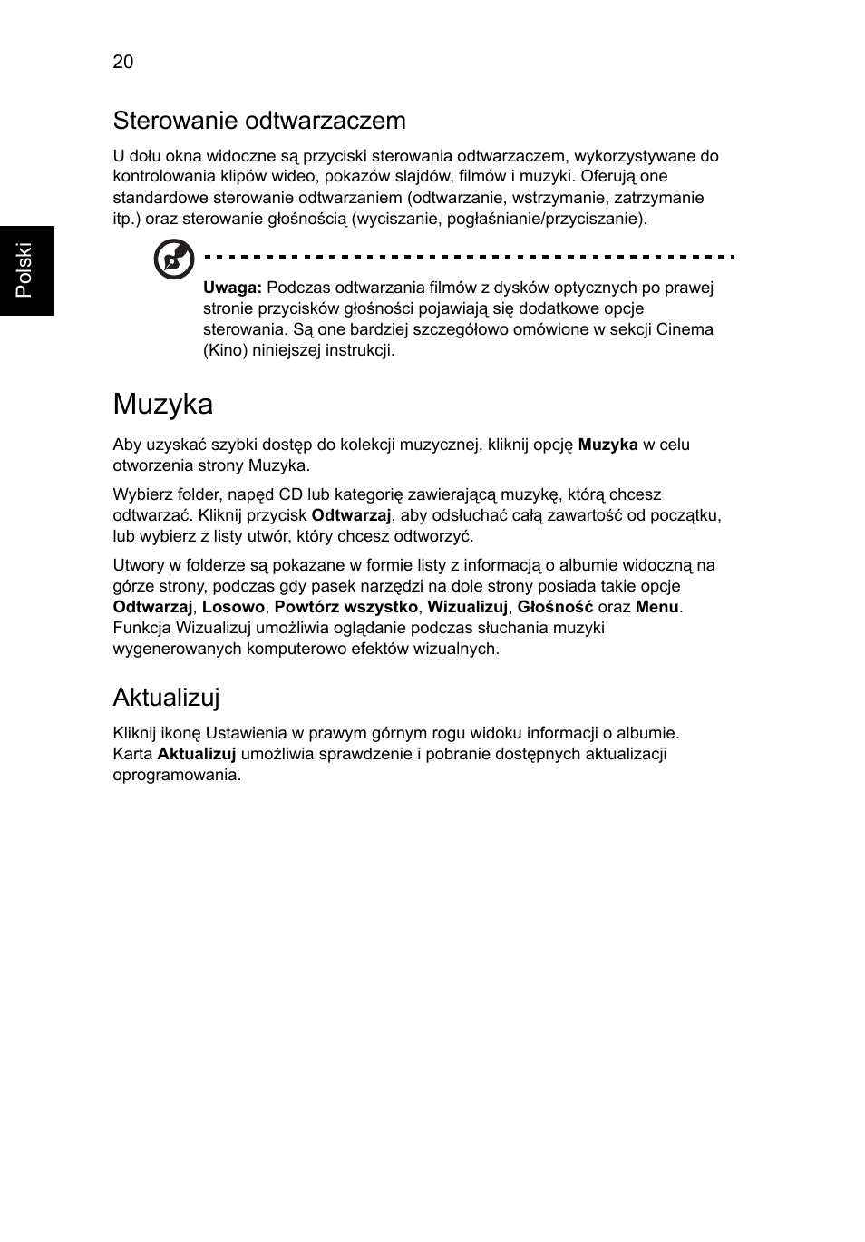 Muzyka, Sterowanie odtwarzaczem, Aktualizuj | Acer Aspire Series User Manual | Page 902 / 2206