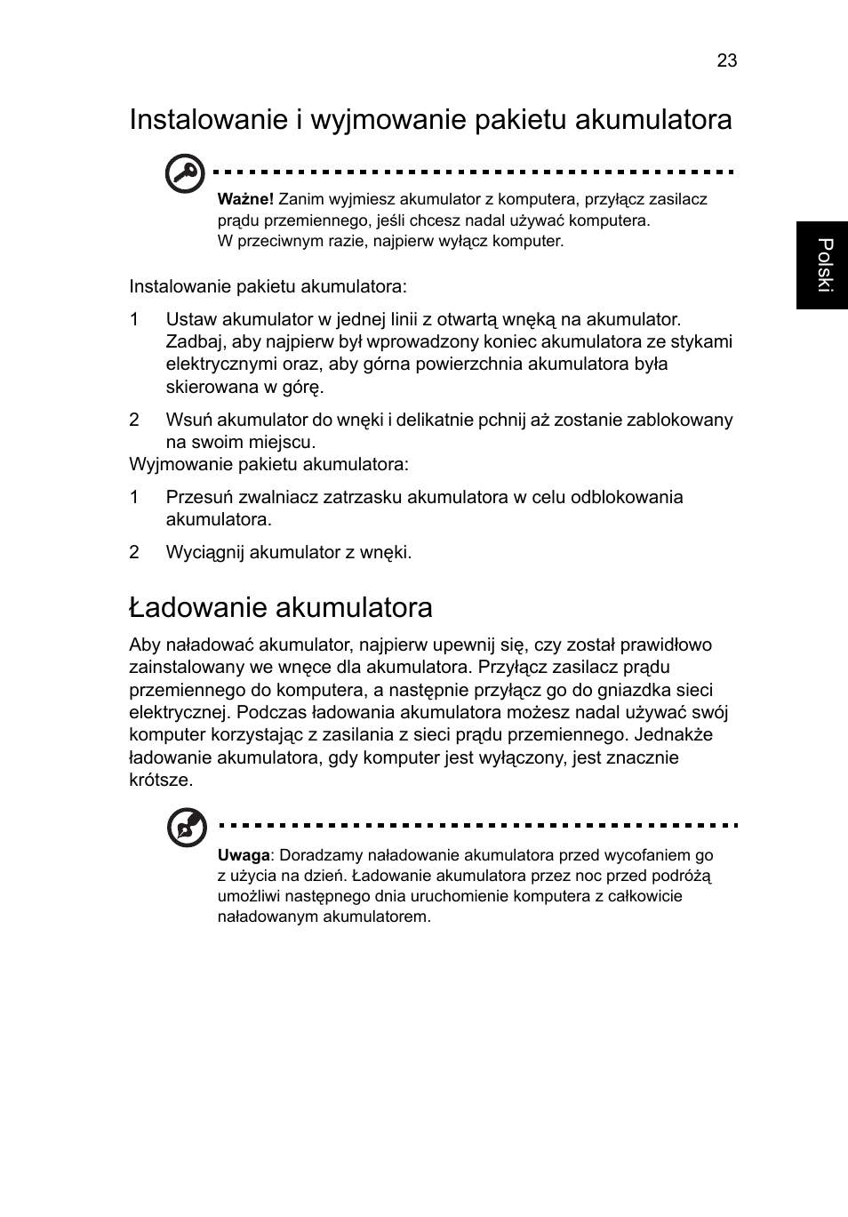 Instalowanie i wyjmowanie pakietu akumulatora, Ładowanie akumulatora | Acer Aspire Series User Manual | Page 905 / 2206