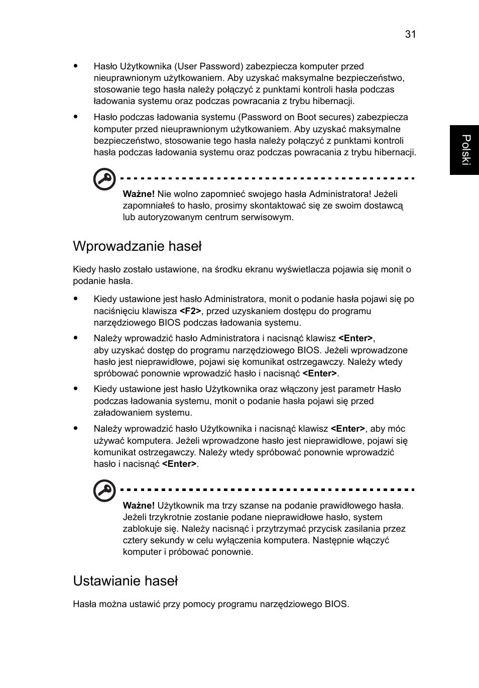 Wprowadzanie haseł, Ustawianie haseł | Acer Aspire Series User Manual | Page 913 / 2206