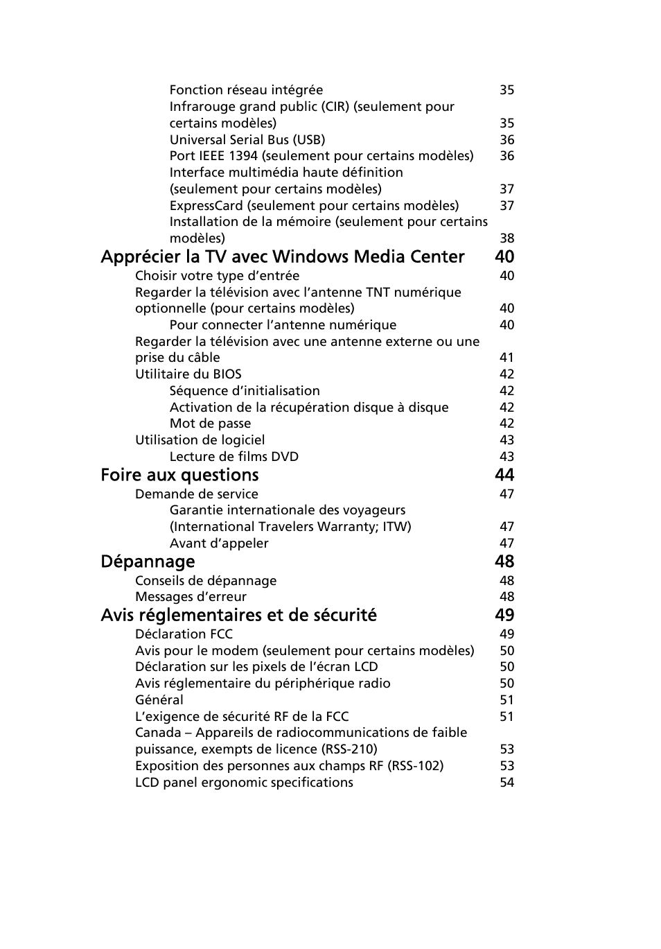 Apprécier la tv avec windows media center 40, Foire aux questions 44, Dépannage 48 | Avis réglementaires et de sécurité 49 | Acer Aspire Series User Manual | Page 93 / 2206