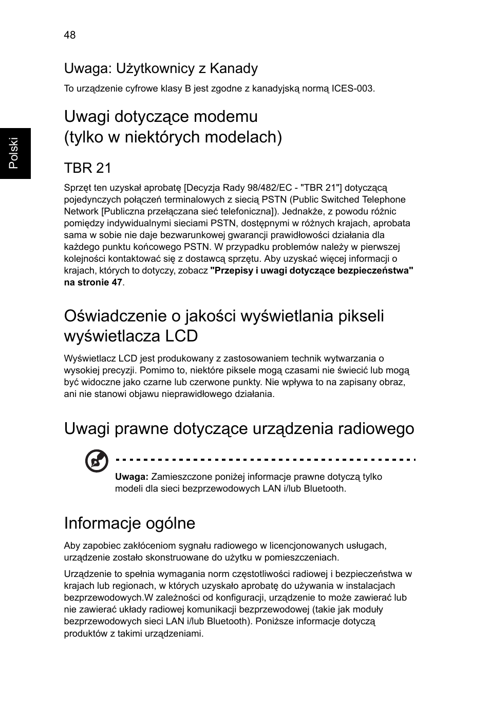 Uwagi prawne dotyczące urządzenia radiowego, Informacje ogólne | Acer Aspire Series User Manual | Page 930 / 2206