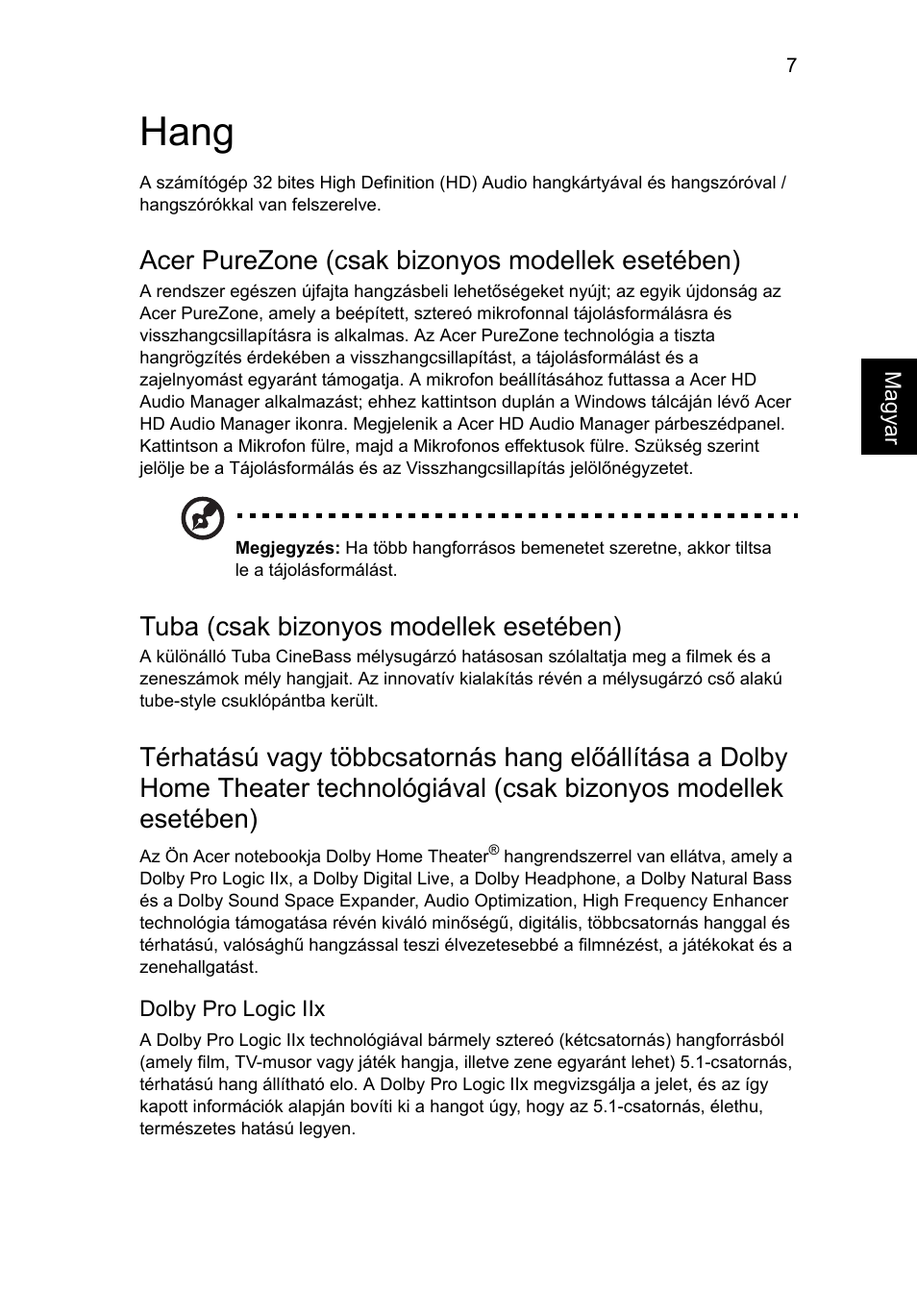 Hang, Acer purezone (csak bizonyos modellek esetében), Tuba (csak bizonyos modellek esetében) | Acer Aspire Series User Manual | Page 961 / 2206