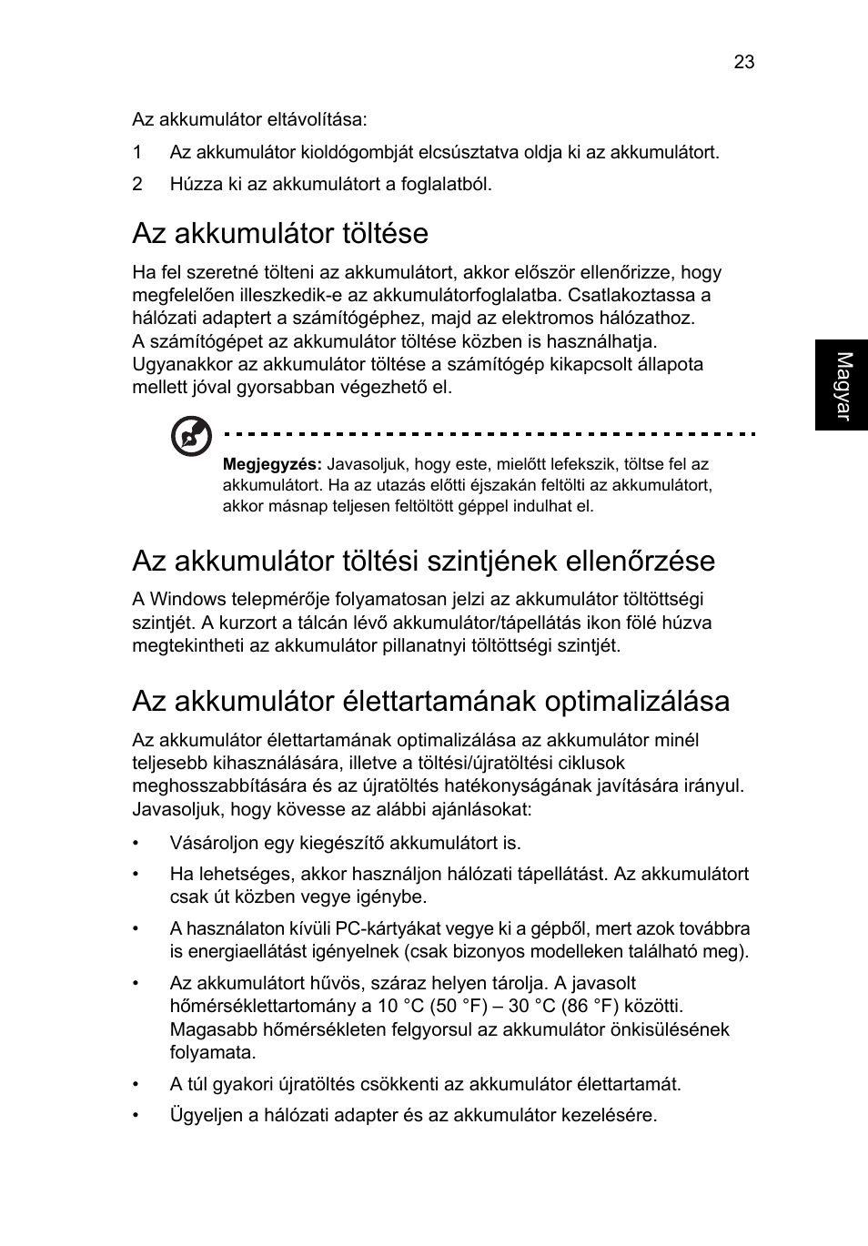 Az akkumulátor töltése, Az akkumulátor töltési szintjének ellenőrzése, Az akkumulátor élettartamának optimalizálása | Acer Aspire Series User Manual | Page 977 / 2206