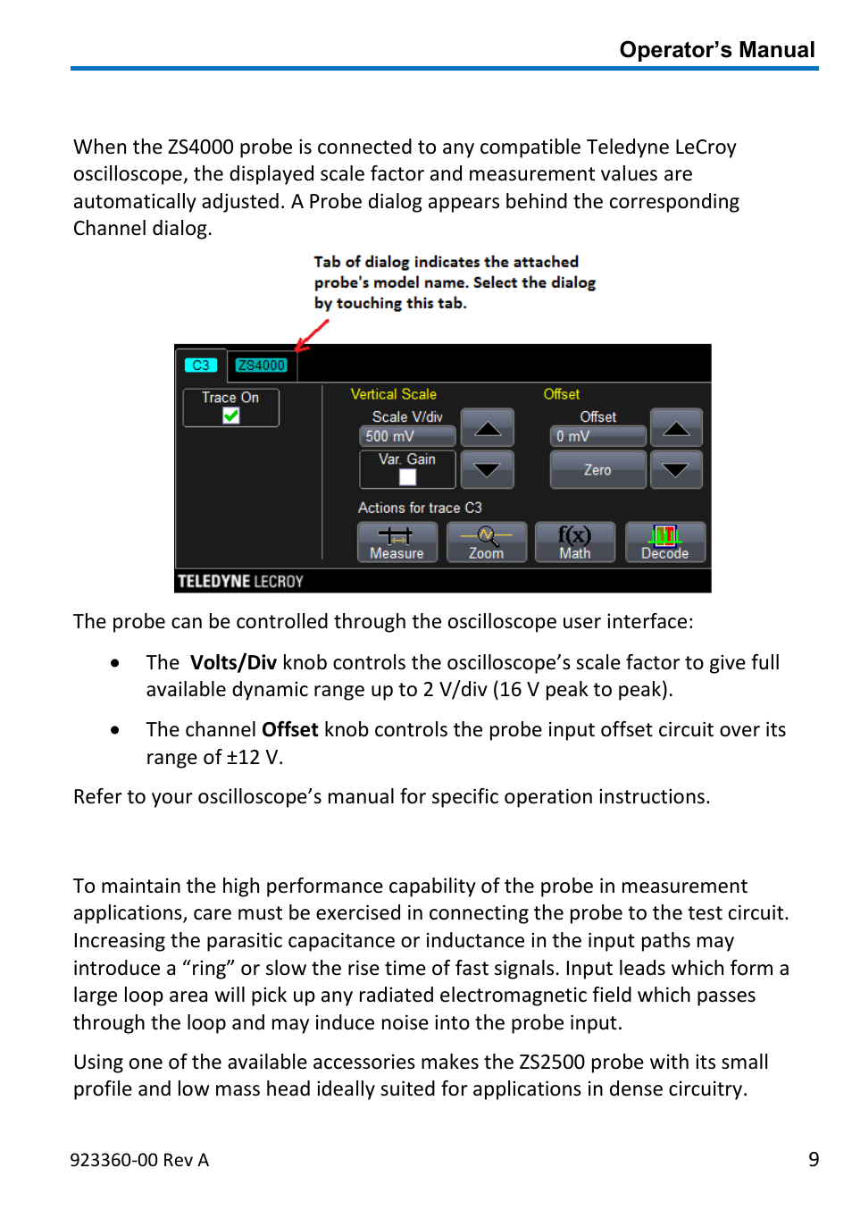 Operation with a teledyne lecroy oscilloscope, Connecting the probe to the test circuit | Teledyne LeCroy ZS4000 User Manual | Page 15 / 32