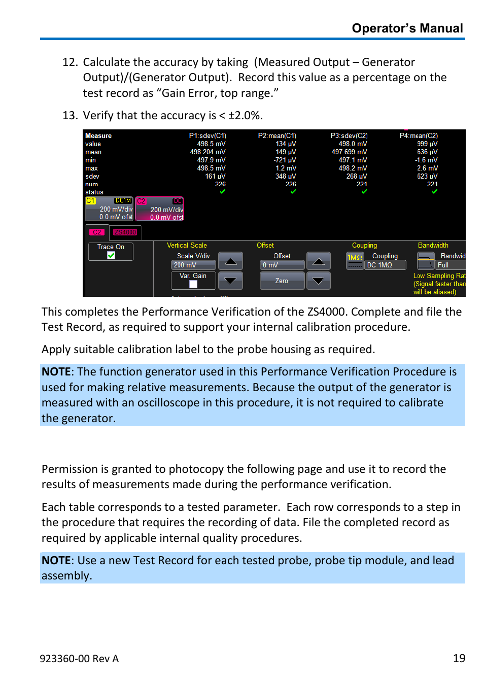 Performance verification test record | Teledyne LeCroy ZS4000 User Manual | Page 25 / 32