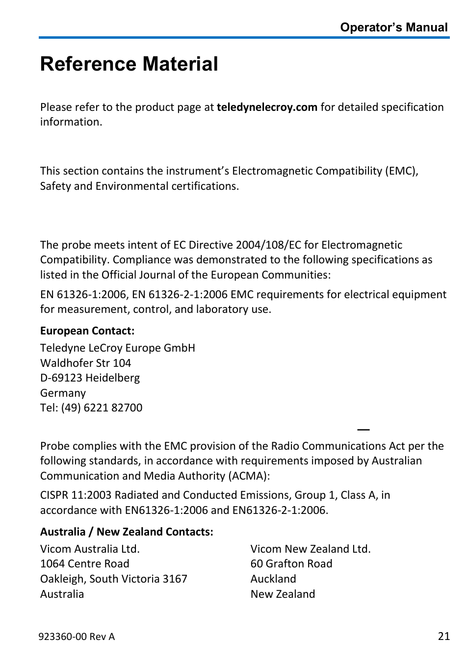Reference material, Specifications, Certifications | Teledyne LeCroy ZS4000 User Manual | Page 27 / 32