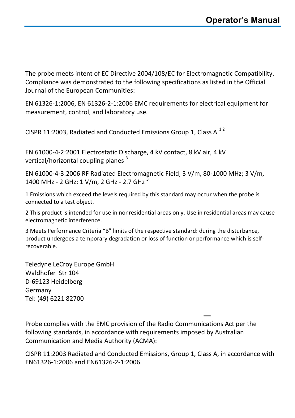 Certifications, Operator’s manual, Emc compliance | Teledyne LeCroy AP015 User Manual | Page 17 / 24