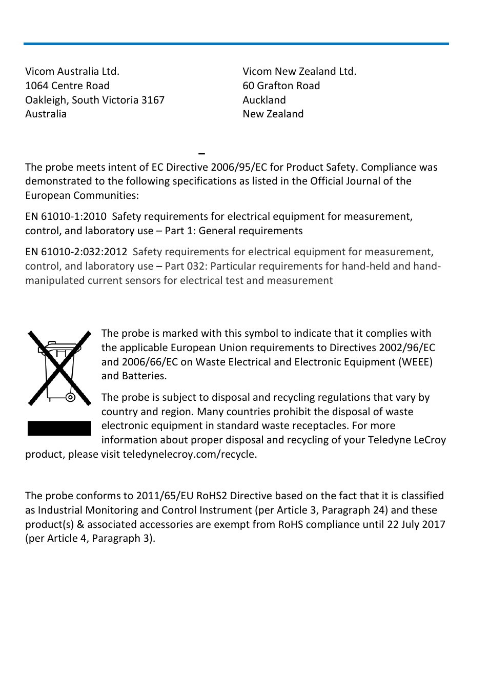 Adp015 current probe, Safety compliance, Environmental compliance | Teledyne LeCroy AP015 User Manual | Page 18 / 24