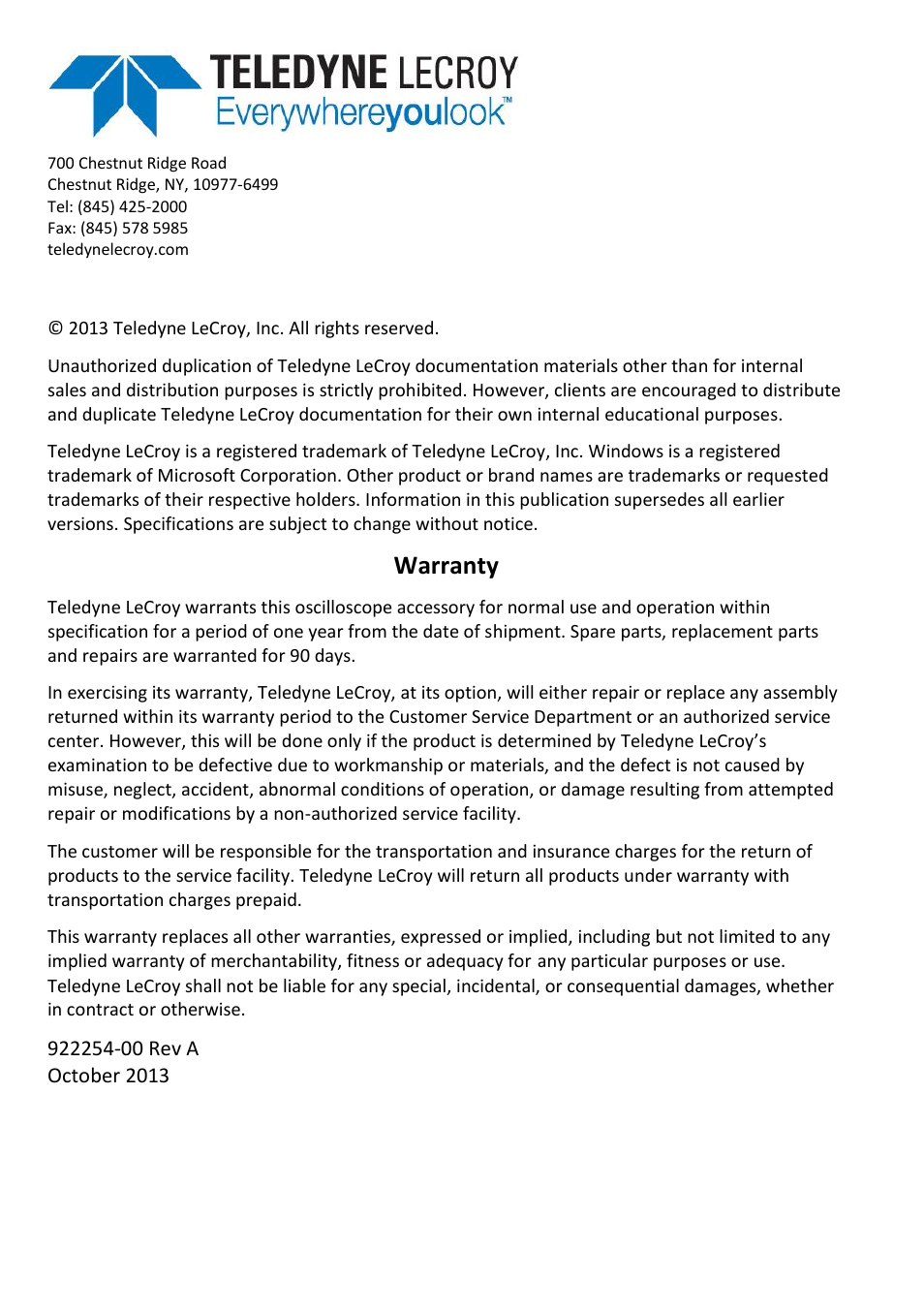 Warranty | Teledyne LeCroy AP015 User Manual | Page 4 / 24