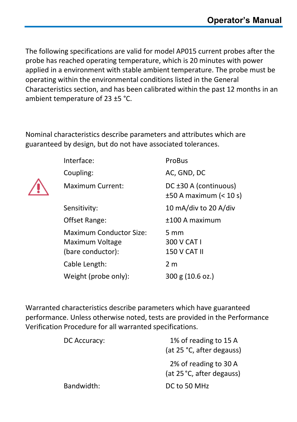 Specifications, Nominal characteristics, Warranted electrical characteristics | Teledyne LeCroy AP015 User Manual | Page 7 / 24