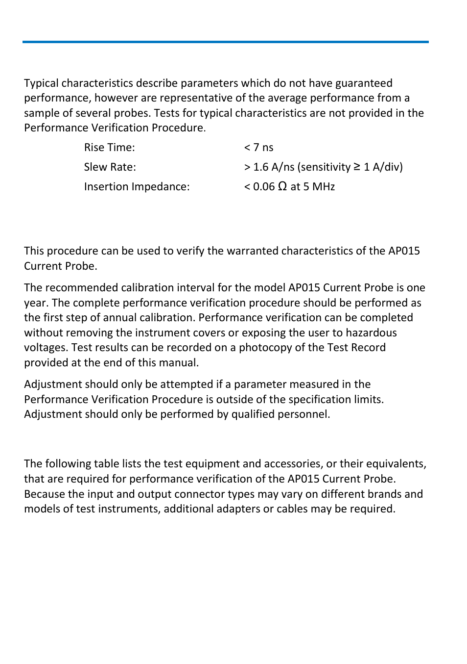 Performance verification, Typical electrical characteristics, Required equipment | Teledyne LeCroy AP015 User Manual | Page 8 / 24