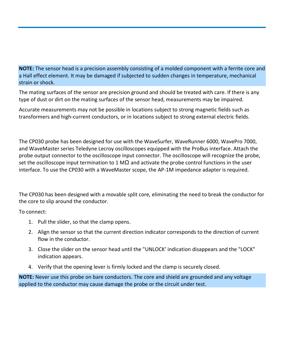 Operation, Precautions, Connecting the probe to the test instrument | Connecting the probe to the test circuit | Teledyne LeCroy CP030 User Manual | Page 10 / 28