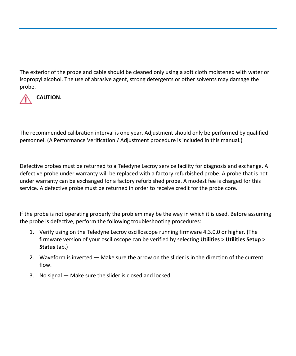 Care and maintenance, Cleaning, Calibration interval | Service strategy, Troubleshooting | Teledyne LeCroy CP030 User Manual | Page 12 / 28