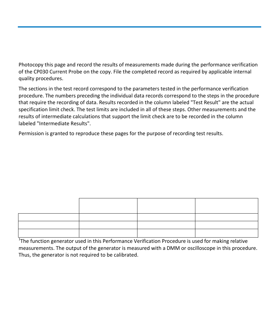 Appendix a, Performance verification test record, Equipment used | Cp030 test record | Teledyne LeCroy CP030 User Manual | Page 26 / 28