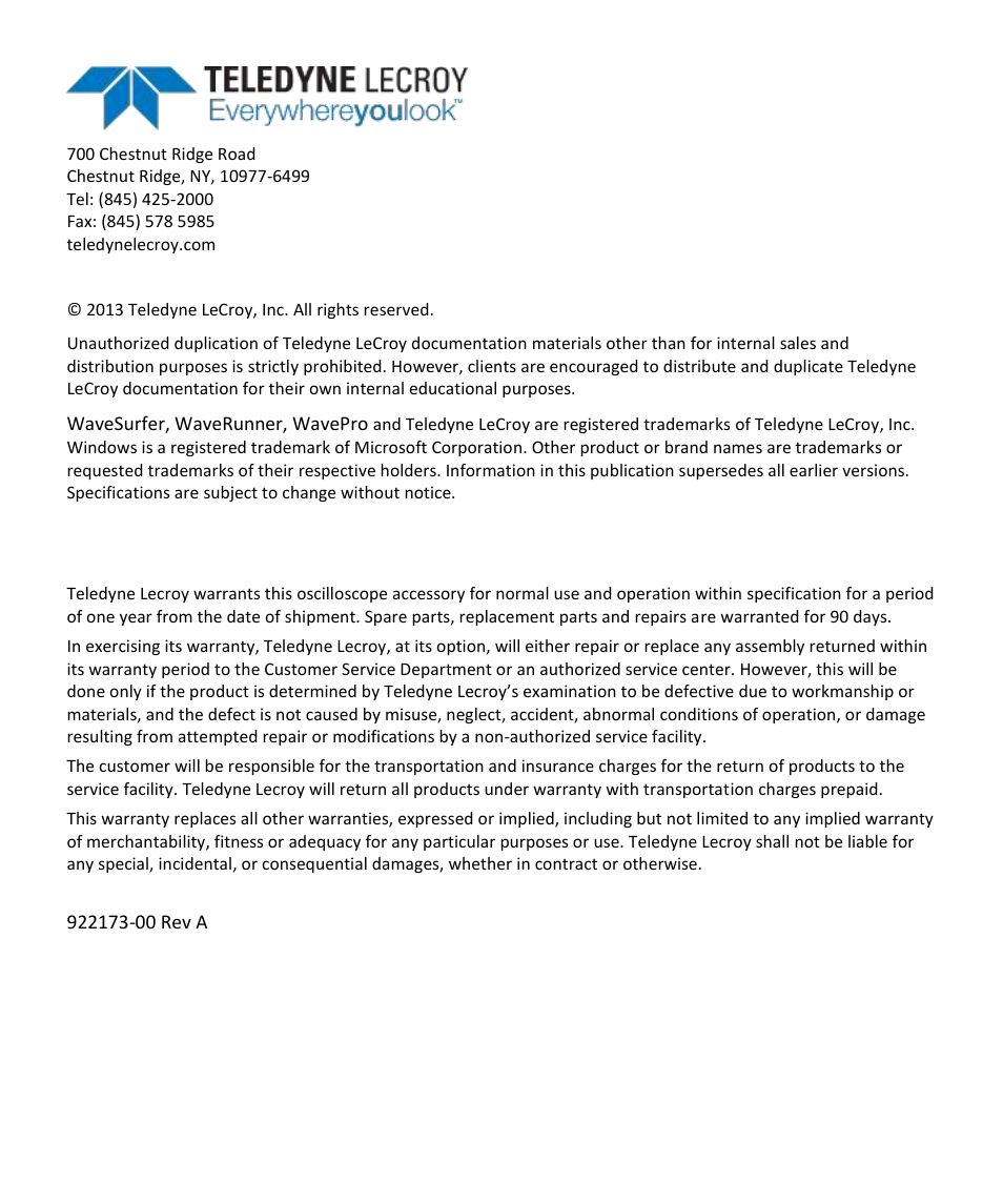 Warranty | Teledyne LeCroy CP030 User Manual | Page 4 / 28
