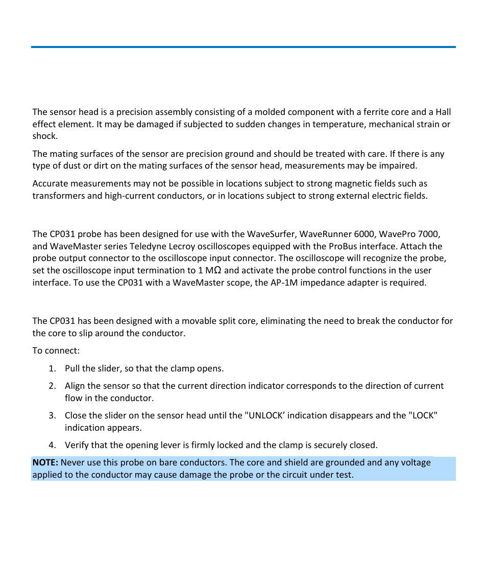 Operation, Precautions, Connecting the probe to the test instrument | Connecting the probe to the test circuit | Teledyne LeCroy CP031 User Manual | Page 10 / 28