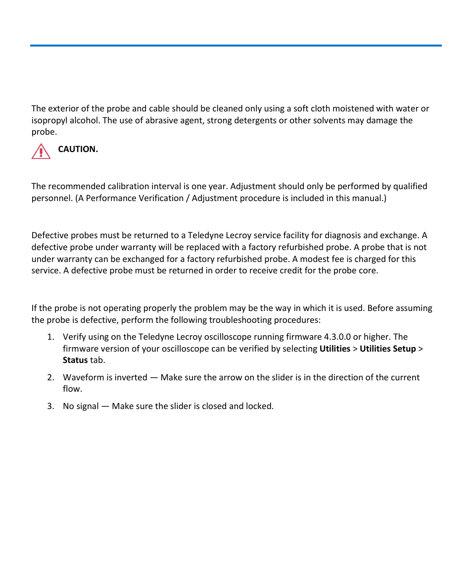 Care and maintenance, Cleaning, Calibration interval | Service strategy, Troubleshooting | Teledyne LeCroy CP031 User Manual | Page 12 / 28