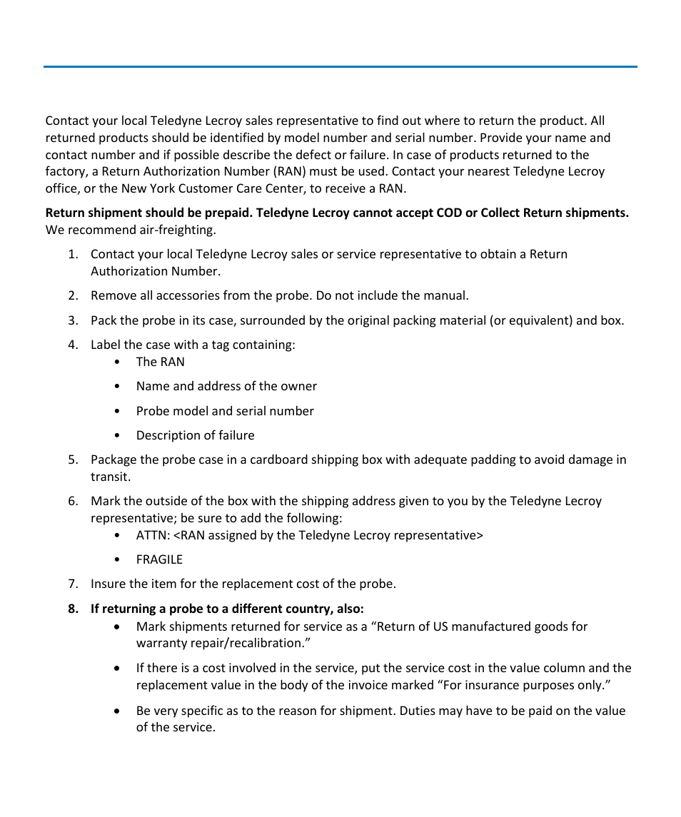 Returning a defective probe | Teledyne LeCroy CP031 User Manual | Page 13 / 28
