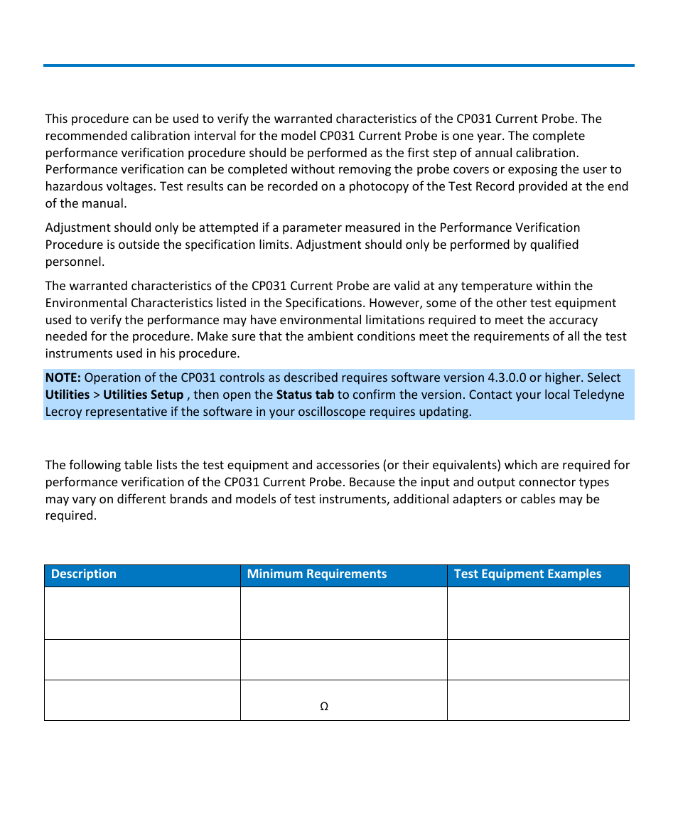 Performance verification, Test equipment required | Teledyne LeCroy CP031 User Manual | Page 14 / 28