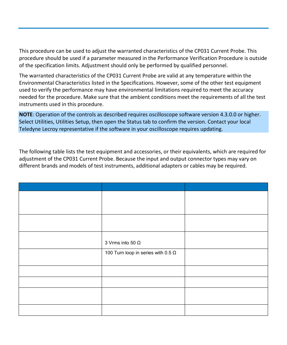 Adjustment procedure, Test equipment required, Instruction manual | Teledyne LeCroy CP031 User Manual | Page 17 / 28