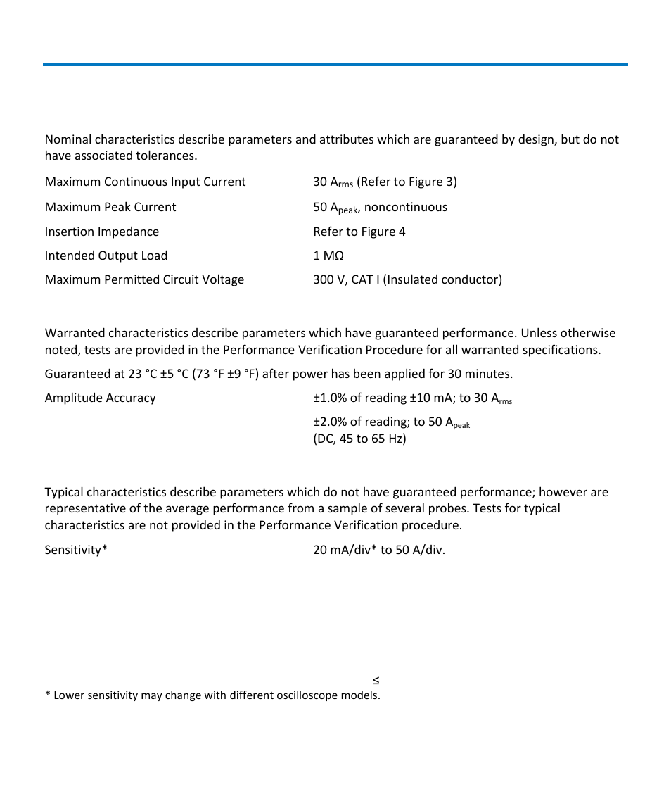 Specifications, Nominal characteristics, Warranted characteristics | Typical characteristics | Teledyne LeCroy CP031 User Manual | Page 20 / 28