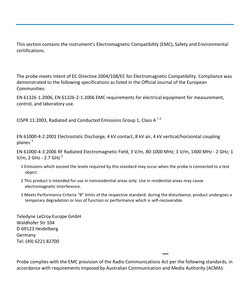 Certifications, Emc compliance, Ec declaration of conformity - emc | Teledyne LeCroy CP031 User Manual | Page 23 / 28