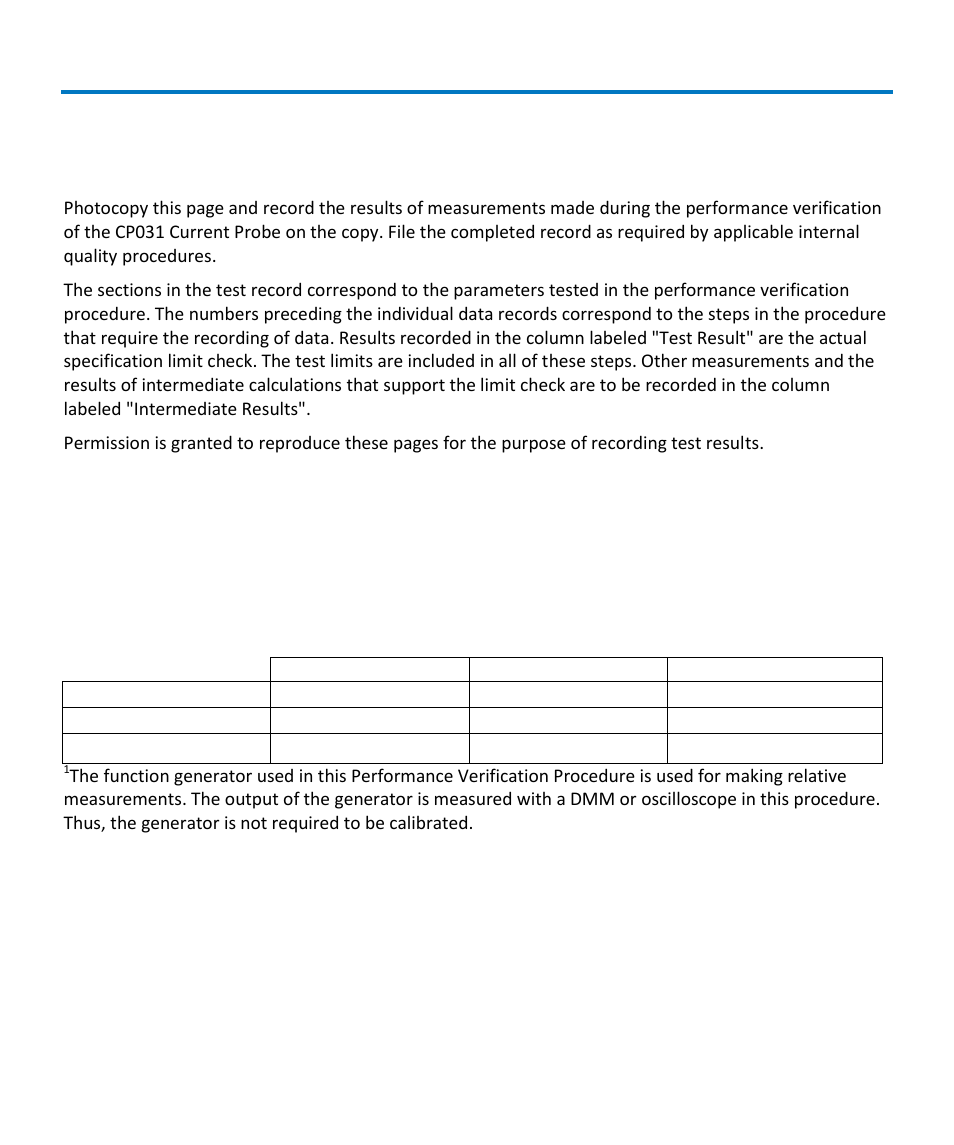 Appendix a, Performance verification test record, Equipment used | Cp031 test record | Teledyne LeCroy CP031 User Manual | Page 26 / 28