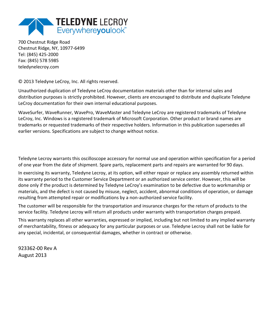 Warranty | Teledyne LeCroy CP031 User Manual | Page 4 / 28