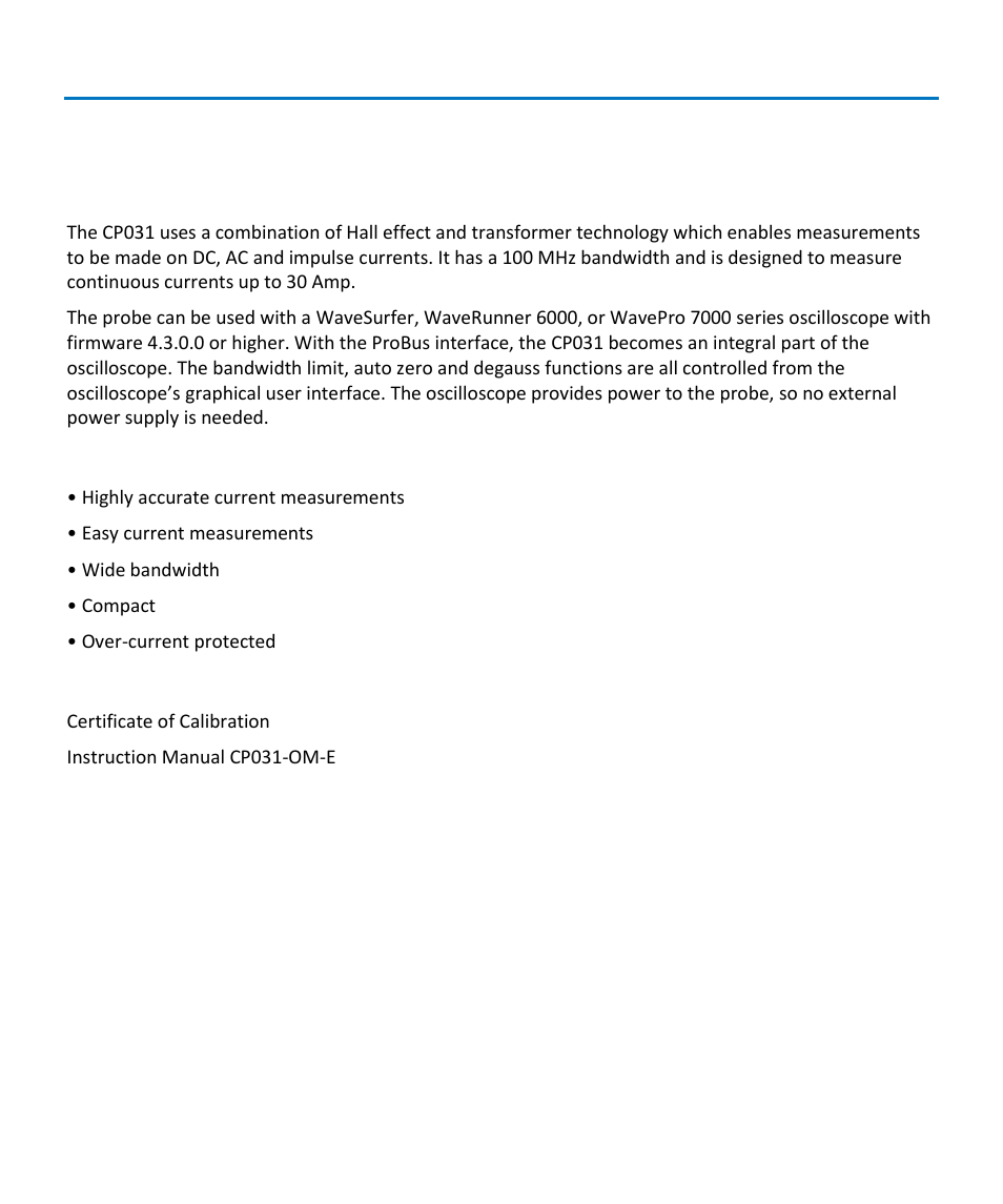 Overview, Description, Key features | Accessories | Teledyne LeCroy CP031 User Manual | Page 9 / 28